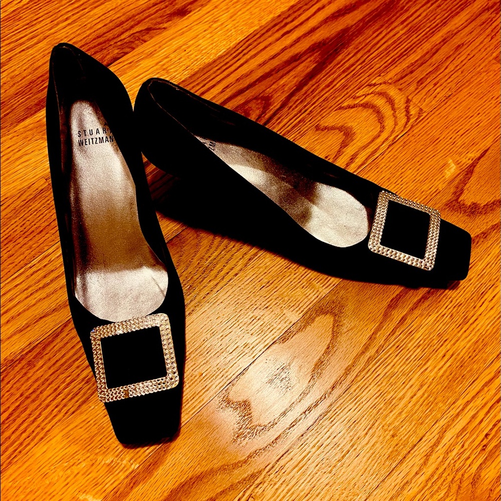 Stuart Weitzman black satin heels with crystal brooch.  Size 7